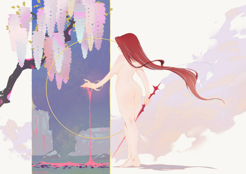 1girl artist_name ass bangle barefoot bleeding blood bracelet branch breasts circle commentary completely_nude english_commentary eyelashes floating_hair flower from_behind full_body holding holding_sword holding_weapon jewelry long_hair night nude original pink_blood plant red_hair rock shounen_girl smoke solo sword very_long_hair weapon white_background wisteria