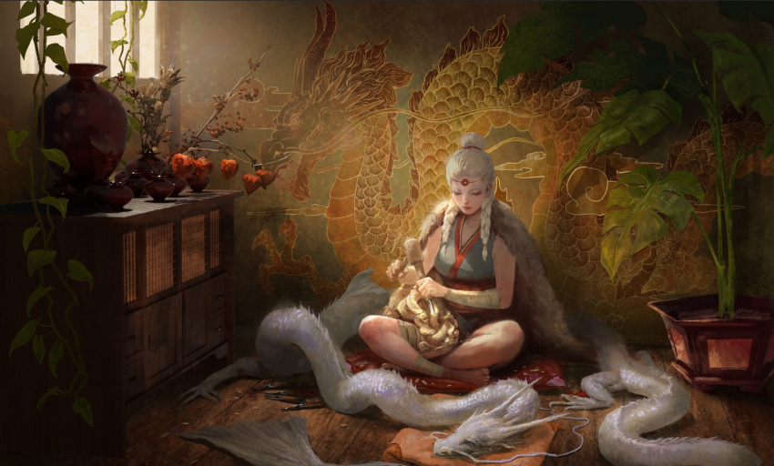 1girl arm_guards barefoot blue_kimono braid branch breasts cabinet cape carving chinese_lantern_(plant) closed_eyes coin_(ornament) cushion day dragon eastern_dragon english_commentary eyelashes facing_away food forehead_jewel fruit fur_cape hair_bun hair_over_shoulder hair_pulled_back hammer highres holding holding_hammer indian_style indoors japanese_clothes kimono leg_wrap long_hair minami_cha mini_dragon mixed-language_commentary obi original painting_(object) pelt plant potted_plant sash sculpture single_hair_bun sitting sleeping sleeveless sleeveless_kimono statue twin_braids twintails vase vines wallpaper_(object) wooden_floor working zabuton