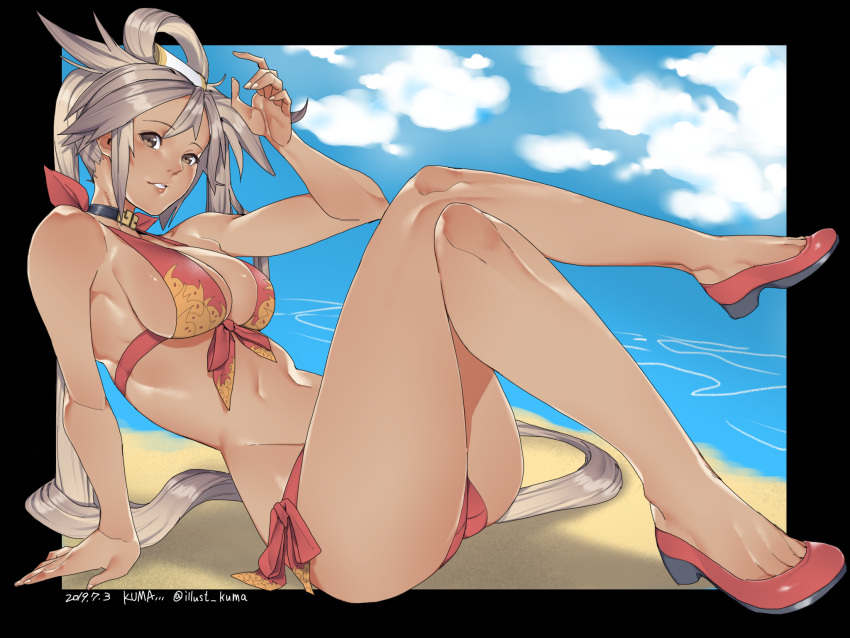 1girl arm_support bangs bare_shoulders bikini breasts brown_eyes brown_hair choker cleavage commentary_request crossed_legs full_body guilty_gear hair_ornament hand_up highres kuma_(jk0073) kuradoberi_jam lips long_hair looking_at_viewer medium_breasts navel parted_lips red_bikini red_footwear shiny shiny_hair shoes signature simple_background sitting stomach swimsuit thighs