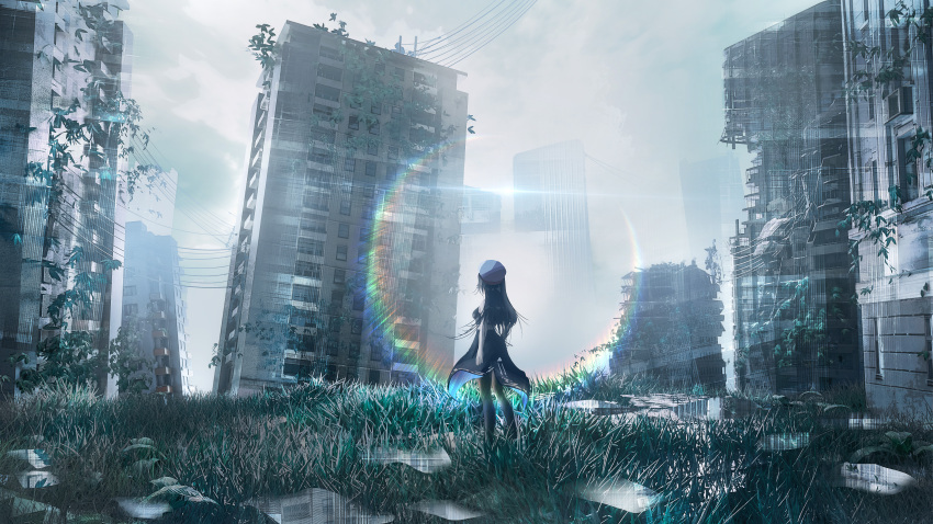 1girl absurdres beret black_dress black_hair breasts building commentary_request dress dystopia from_behind full_body grass grey_headwear hat highres long_hair medium_breasts original outdoors overgrown pantyhose plant power_lines scenery seymour sky solo standing textless_version
