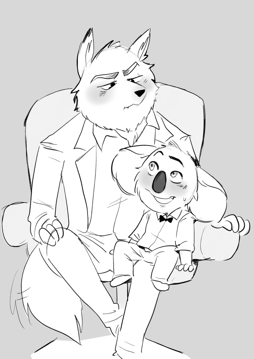 anthro arctic_wolf bow_tie buster_moon canid canine canis chair clothed clothing duo fully_clothed furniture hi_res illumination_entertainment jimmy_crystal koala male male/male mammal marsupial sing_(movie) sitting suit vombatiform wokky wolf