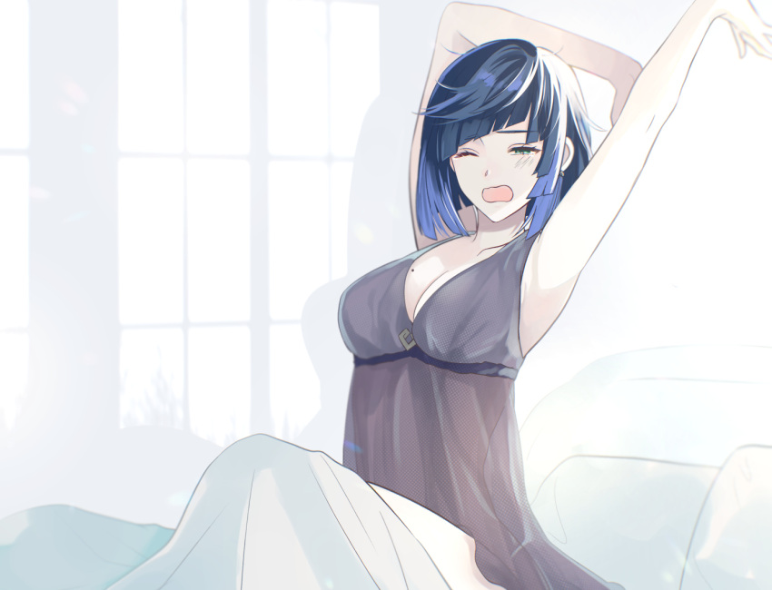 1girl armpits arms_up bangs bare_arms blanket blue_hair blush bob_cut breasts cleavage collarbone diagonal_bangs dress drop_shadow genshin_impact green_eyes halter_dress halterneck knee_up large_breasts messy_hair mole mole_on_breast nightgown on_bed one_eye_closed open_mouth pillow see-through short_hair sidelocks sitting sleepwear sleeveless solo stretch tarou_(you-0512) under_covers upper_body waking_up white_background window_shade yawning yelan_(genshin_impact)