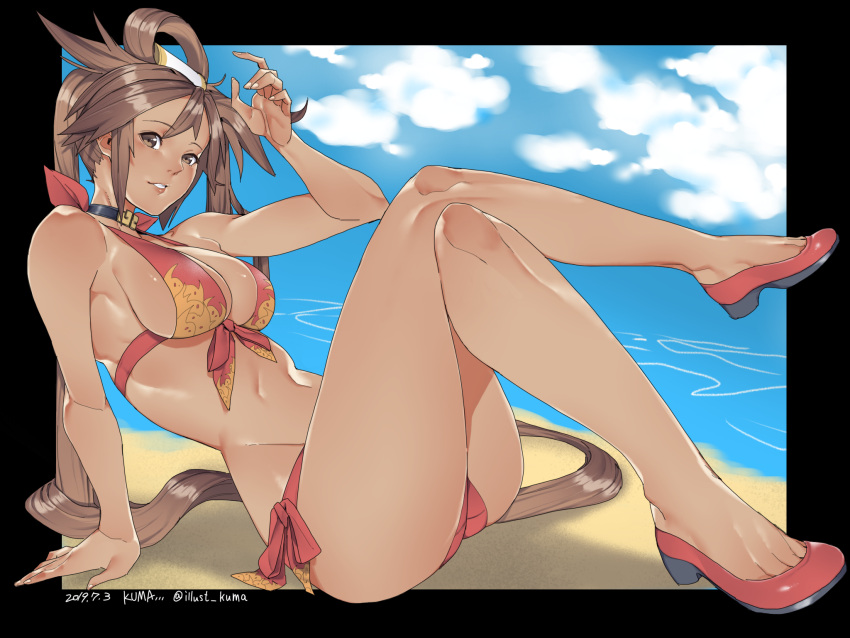 1girl arm_support bangs bare_shoulders bikini breasts brown_eyes brown_hair choker commentary_request crossed_legs full_body guilty_gear hair_ornament hand_up highres kuma_(jk0073) kuradoberi_jam long_hair looking_at_viewer medium_breasts parted_lips red_bikini red_footwear shiny shiny_hair shoes signature simple_background sitting swimsuit thighs