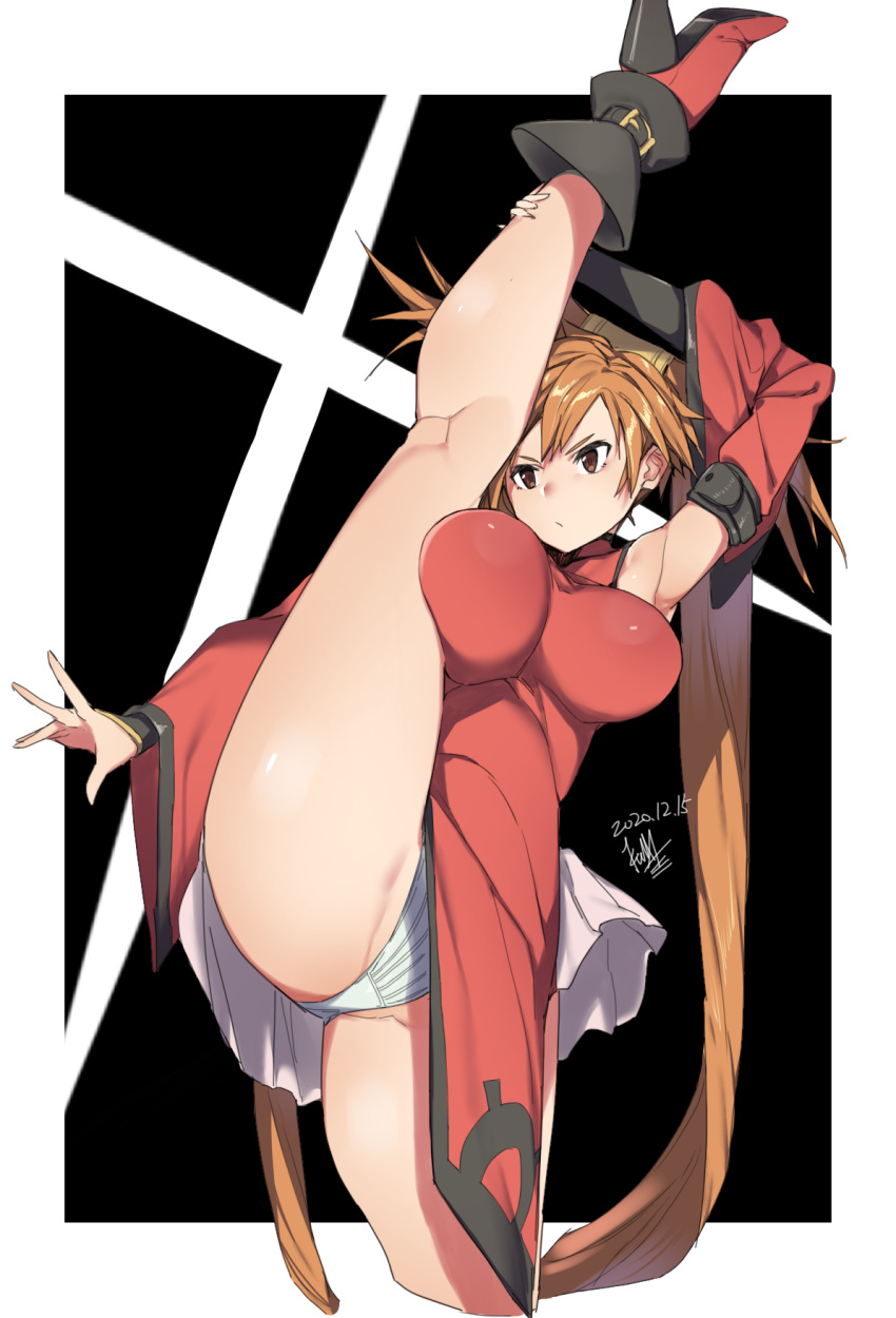 1girl ankle_boots bangs bare_shoulders boots breasts brown_eyes brown_hair china_dress chinese_clothes closed_mouth commentary_request dress guilty_gear hair_ornament highres kuma_(jk0073) kuradoberi_jam leg_up long_hair looking_away medium_breasts panties pelvic_curtain red_dress red_footwear shiny shiny_hair shiny_skin signature simple_background solo thighs underwear white_panties