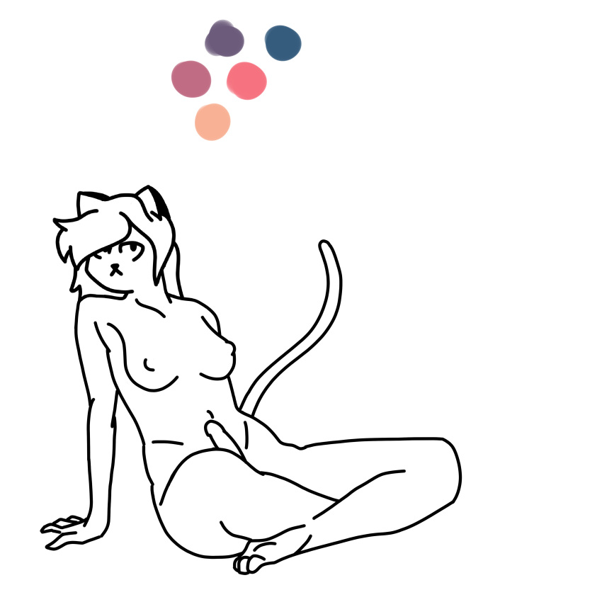 1:1 absurd_res anthro breasts cat_ears_(disambiguation) cat_tail domestic_cat felid feline felis genitals herm hi_res humanoid intersex line_art mammal medium_breasts mei_day penis sitting small_penis solo solo_focus