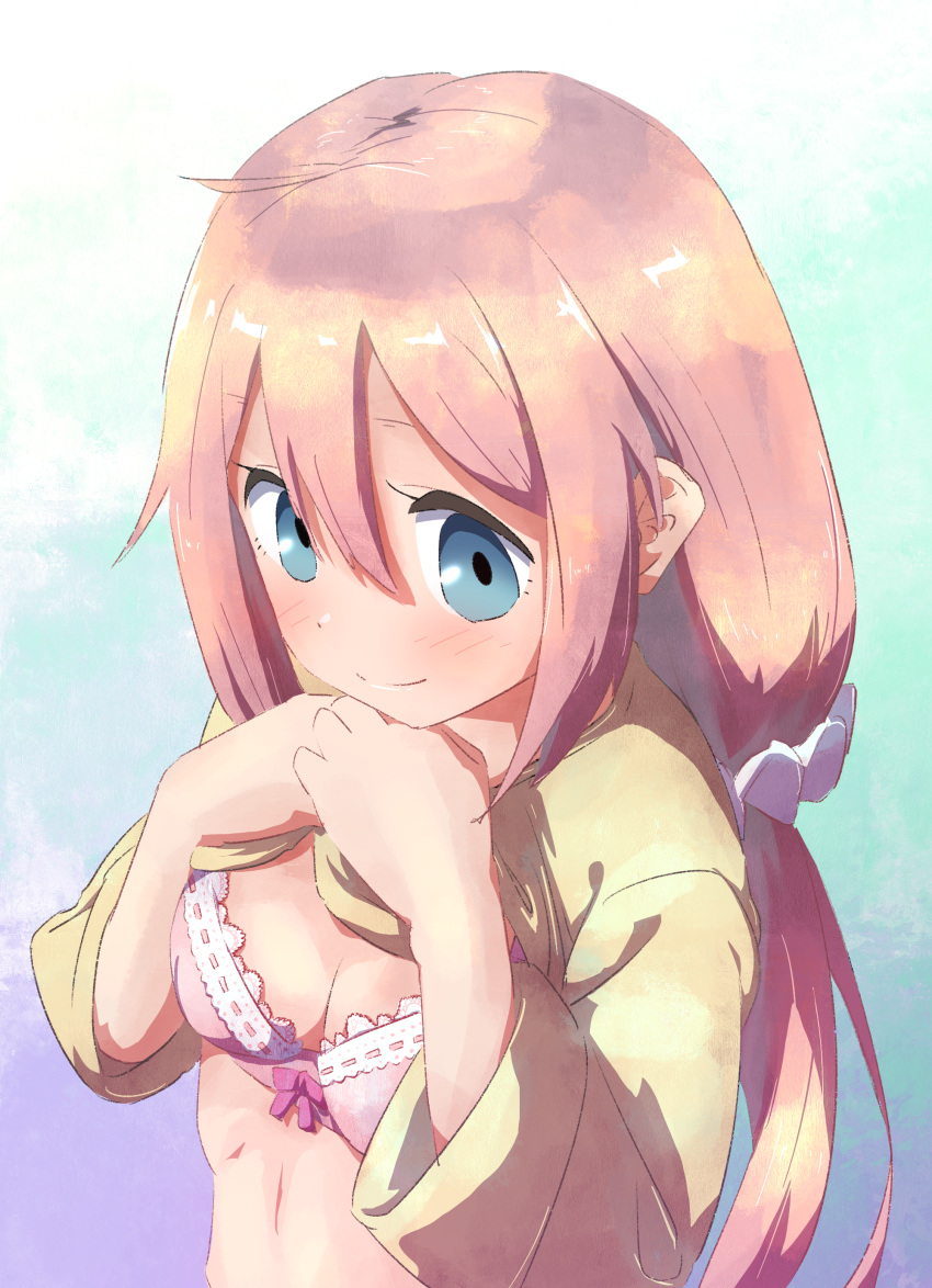 1girl absurdres bangs blue_eyes blush bra breasts cleavage clothes_lift hair_between_eyes highres kagamihara_nadeshiko long_hair looking_at_viewer oekakiism pink_hair shirt_lift smile solo underwear yurucamp