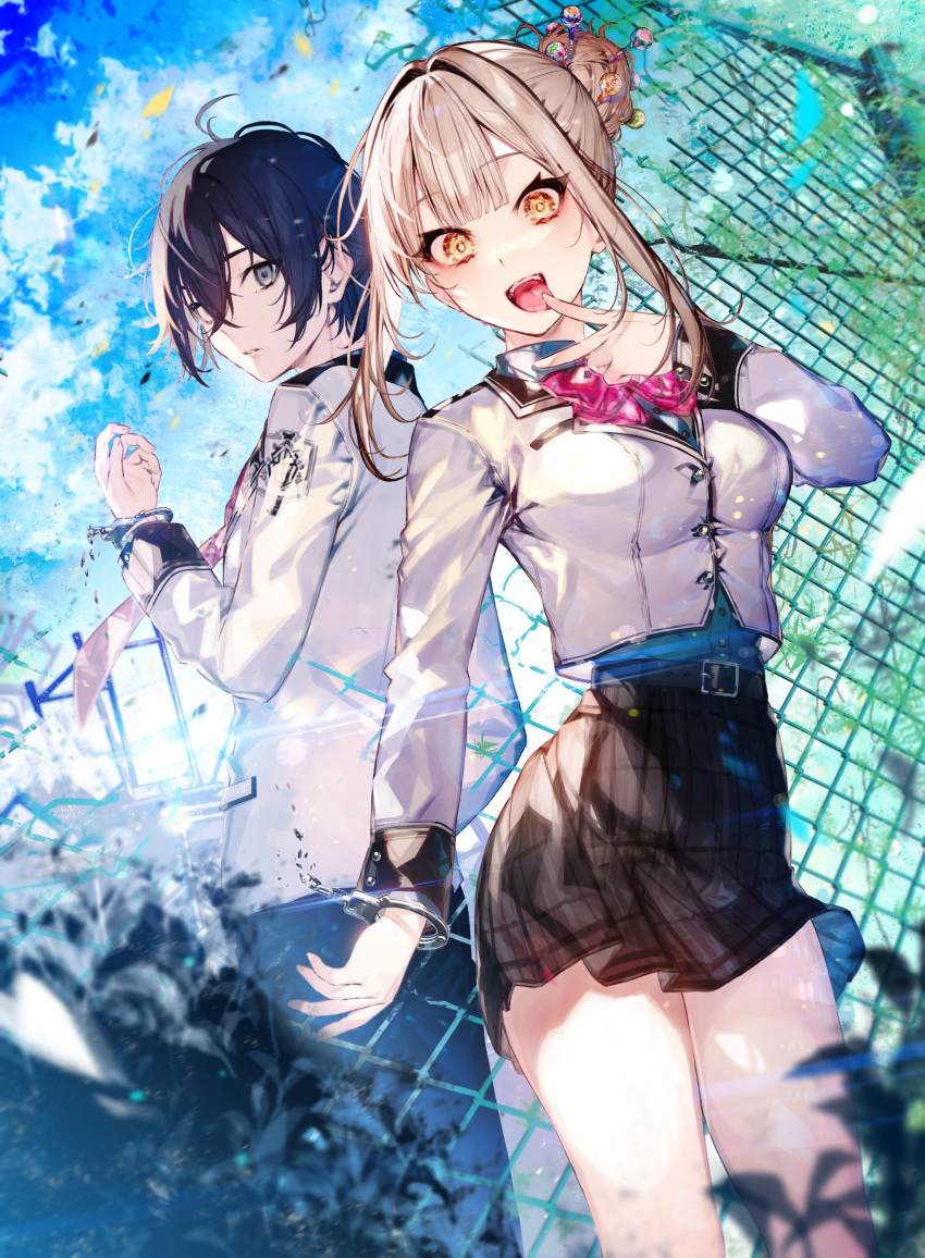 1boy 1girl absurdres ashita_no_tsumibito_to_mujintou_no_kyoushitsu bangs black_hair blonde_hair blunt_bangs bow bowtie broken_handcuffs candy chain-link_fence cover cover_page cuffs fence food hair_between_eyes hair_bun handcuffs highres kayahara lollipop novel_cover official_art parted_lips pink_bow pink_bowtie plant pleated_skirt school_uniform sidelocks single_hair_bun skirt textless_version tongue tongue_out v yellow_eyes
