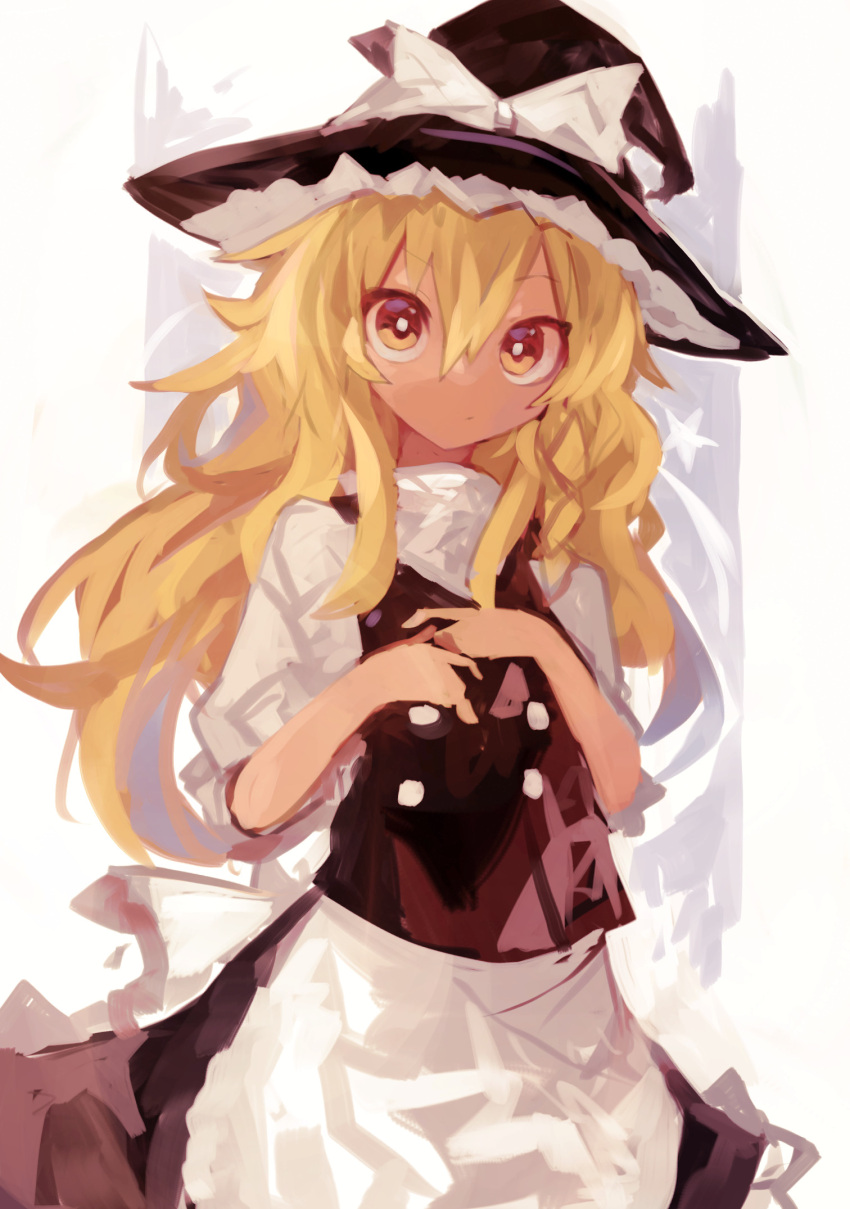 1girl apron black_headwear black_skirt black_vest blonde_hair bow braid buttons closed_mouth commentary cowboy_shot frilled_hat frills hair_between_eyes hands_on_own_chest hat hat_bow highres kaamin_(mariarose753) kirisame_marisa long_hair looking_at_viewer puffy_short_sleeves puffy_sleeves red_eyes shirt short_sleeves single_braid skirt solo star_(symbol) touhou vest waist_apron white_apron white_bow white_shirt witch_hat