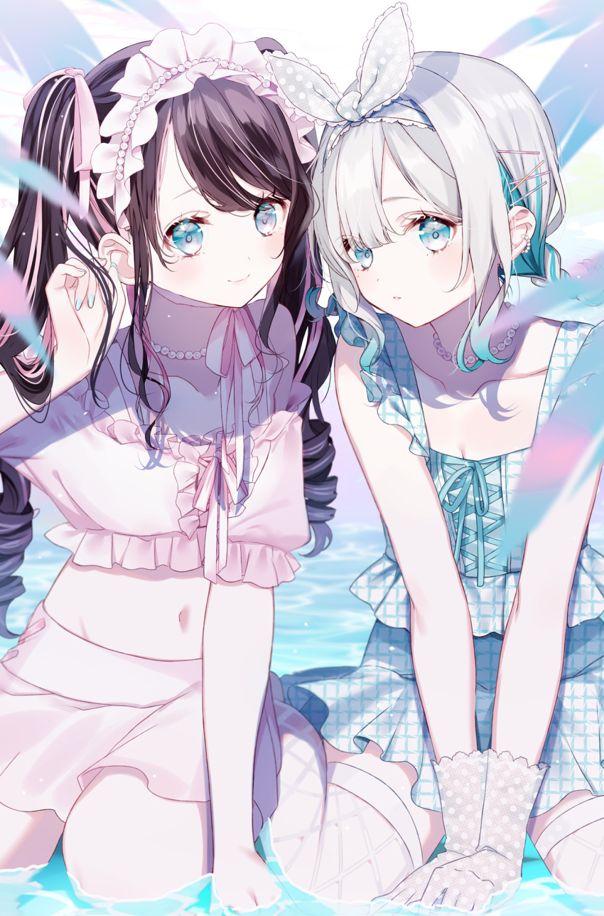 2girls arm_support bare_shoulders black_hair blue_eyes blue_hair blue_nails character_request closed_mouth collarbone commentary_request crop_top dress fishnet_legwear fishnets green_ribbon grey_hair grey_hairband hair_ornament hair_ribbon hairband hairclip hand_up highres long_hair midriff misumi_(macaroni) multicolored_hair multiple_girls nail_polish navel off-shoulder_shirt off_shoulder parted_lips pink_hair pink_shirt pink_skirt polka_dot polka_dot_gloves polka_dot_ribbon puffy_short_sleeves puffy_sleeves ribbon ringlets see-through shallow_water shirt short_sleeves sitting skirt smile streaked_hair thighhighs twintails two-tone_hair very_long_hair virtual_youtuber vspo! wariza water white_dress white_legwear x_hair_ornament