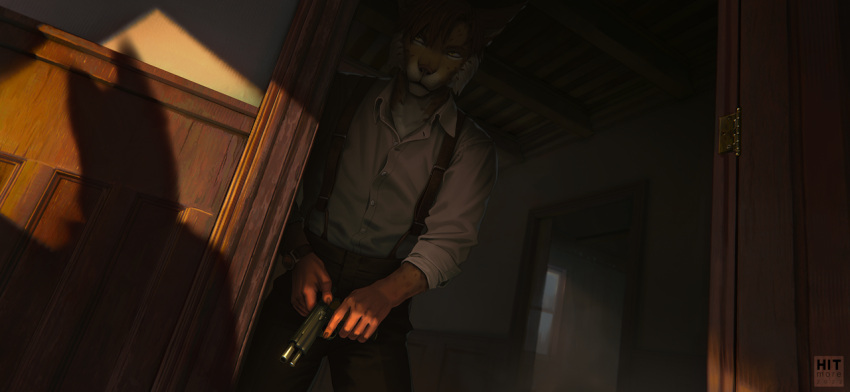 2022 5_fingers anthro clothed clothing detailed_background digital_media_(artwork) felid feline fingers gun hitmore holding_gun holding_object holding_weapon male mammal ranged_weapon solo standing weapon