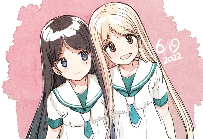 2girls :d bangs black_hair blonde_hair blue_eyes blush brown_eyes commentary copyright_request dated dress multiple_girls nagatsuki_misoka parted_bangs sailor_collar sailor_dress short_sleeves smile symbol-only_commentary upper_body white_dress white_sailor_collar