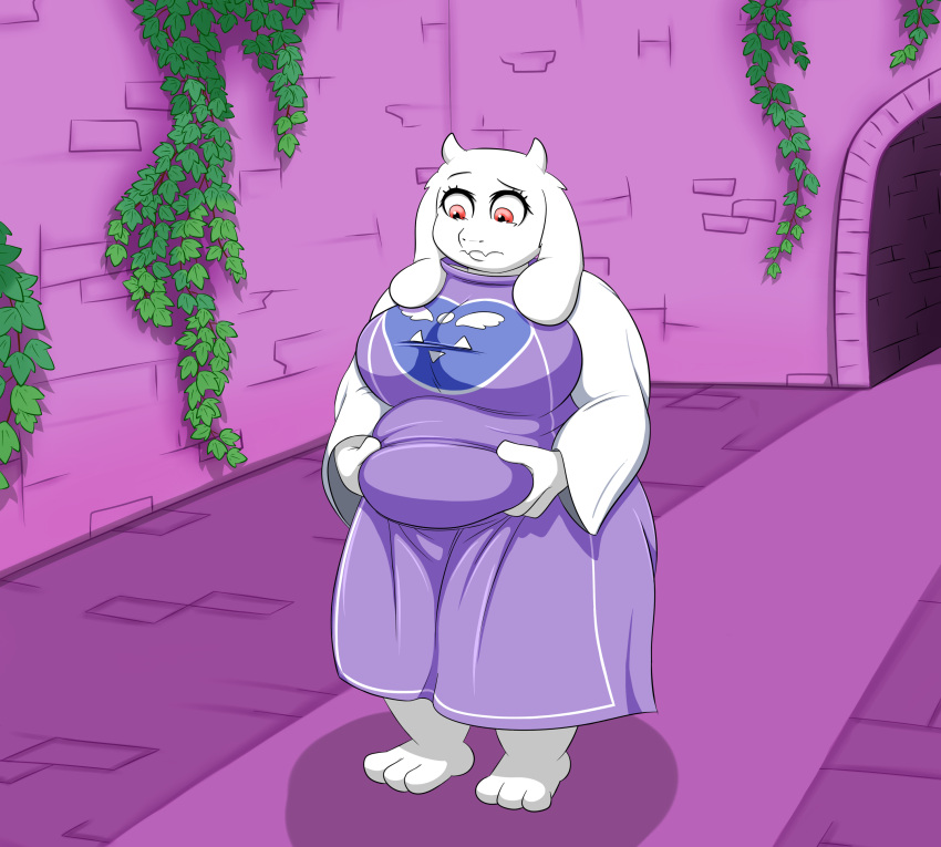 absurd_res anthro barefoot belly belly_grab big_belly big_breasts boss_monster bovid breasts caprine clothed clothing confusion digital_media_(artwork) feet female fur grandpaced hi_res horn long_ears mammal overweight overweight_anthro overweight_female red_eyes robe ruins sequence simple_background snout solo solo_focus toriel undertale undertale_(series) video_games vines weight_gain white_body white_fur wide_hips