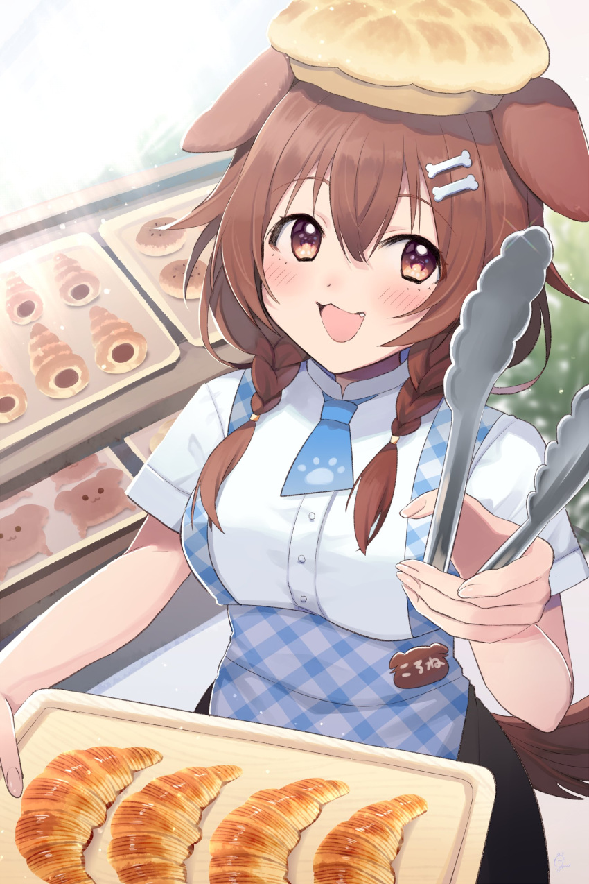 1girl :3 :d absurdres animal_ears apron blush bone_hair_ornament braid bread brown_eyes brown_hair buttons dog_ears dog_girl dog_tail food gum_(vivid_garden) hair_ornament highres hololive inugami_korone necktie open_mouth shirt short_sleeves smile solo tail twin_braids virtual_youtuber white_shirt