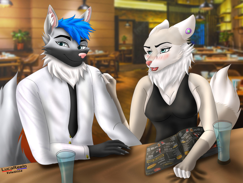 absurd_res anthro blue canid canine canis clothing couple_(disambiguation) curvaceous curvy_figure cutefurry dinner dress duo eyes fan_character female fingering fist furry furryartwork glass hair hi_res holding_(disambiguation) invalid_tag jye lucareelo male male/female mammal open_mouth opencommission restauran shoftshade skye_(disambiguation) skye_simp suit teasing voluptuous water wolf