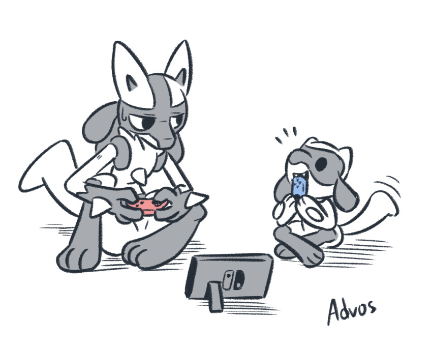 3_fingers 3_toes advos ambiguous_gender anthro artist_name canid canine controller digital_media_(artwork) duo feet fingers fur game_console game_controller gaming handheld_console hi_res holding_object joycon_controller lookin mammal nintendo nintendo_console nintendo_controller nintendo_switch open_mouth pok&eacute;mon pok&eacute;mon_(species) riolu simple_background sitting smile switch_console toes video_games