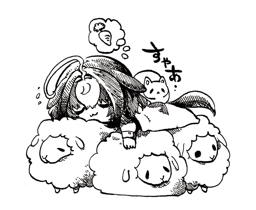 1girl :3 ahoge animal animal_ears animal_on_back bangs blanket carrot cat cat_on_person chibi closed_eyes full_body greyscale highres horse_ears horse_girl horse_tail mame_nabe_donko meisho_doto_(umamusume) monochrome sheep sleeping solo tail thought_bubble umamusume