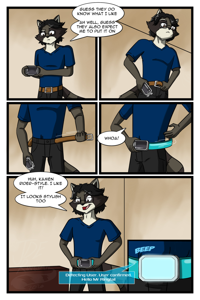 anthro belt belt_buckle clothed clothing comic dialogue english_text eyewear fully_clothed glasses hi_res jde10 jde_ringtail male mammal procyonid raccoon solo sound_effects text