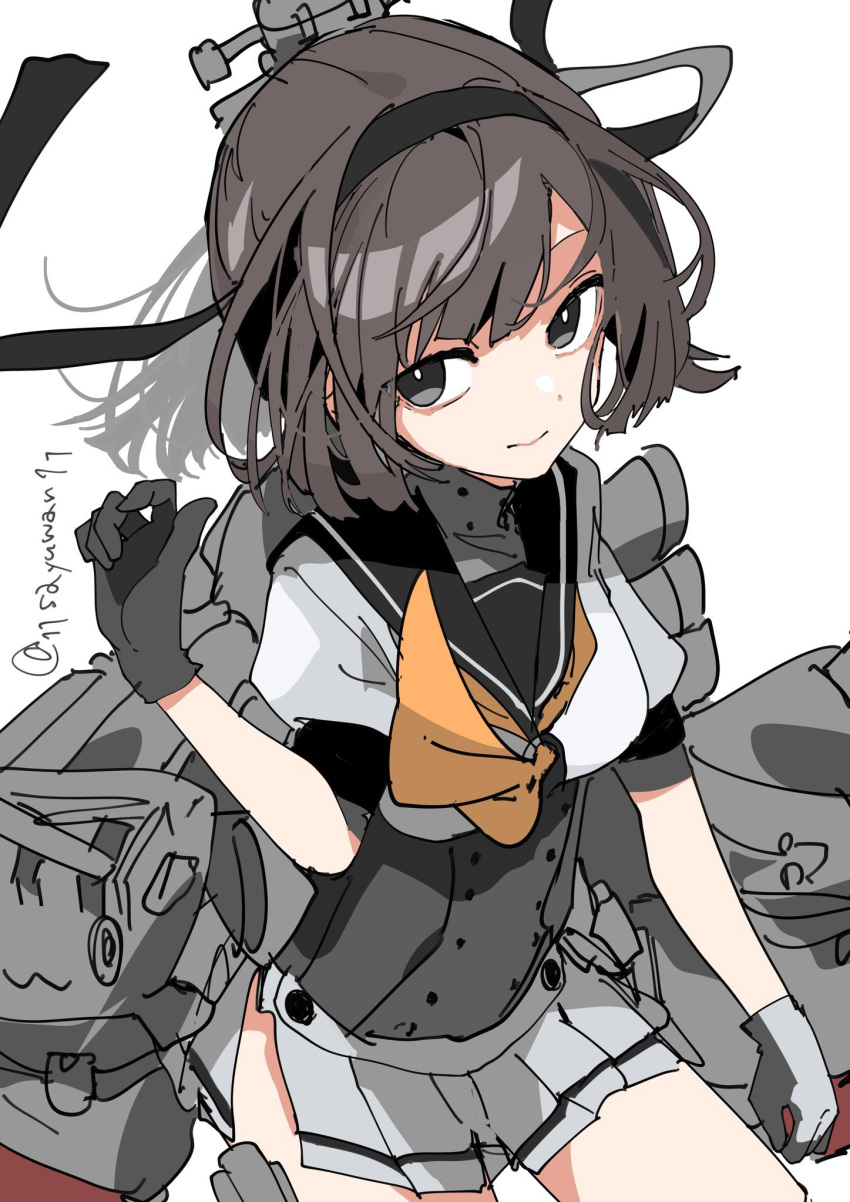 11sayuwan11 1girl akizuki_(kancolle) bangs black_eyes black_hair black_headband black_sailor_collar breasts chou-10cm-hou-chan closed_mouth gloves hachimaki headband highres kantai_collection medium_breasts neckerchief one-hour_drawing_challenge orange_neckerchief pleated_skirt ponytail rigging sailor_collar school_uniform serafuku short_sleeves simple_background skirt twitter_username white_background white_skirt