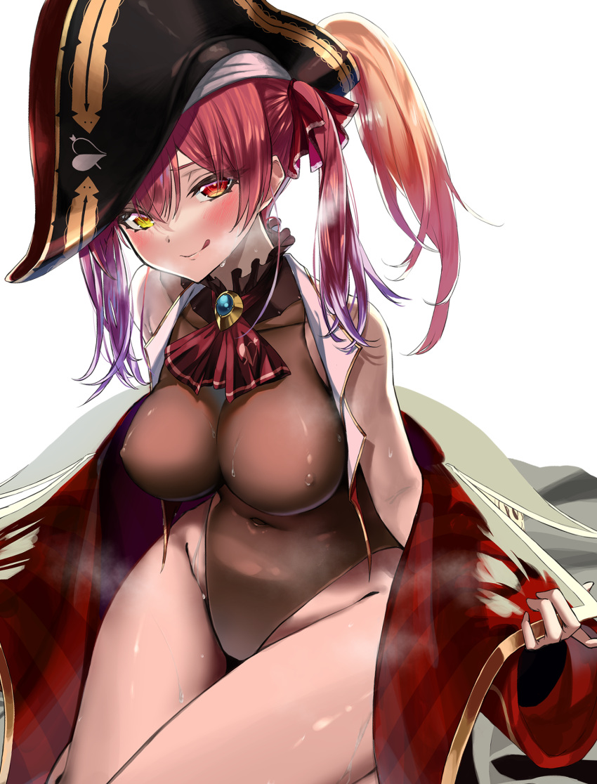 bare_shoulders black_leotard blush breasts covered_nipples halterneck hat highres hololive houshou_marine jacket jacket_partially_removed large_breasts leotard licking_lips looking_at_viewer multicolored_eyes naughty_face navel osechi_(pixiv56606477) pirate pirate_hat red_eyes red_hair sitting skin_tight skindentation sweat sweatdrop thick_thighs thigh_gap thighs tongue tongue_out virtual_youtuber yellow_eyes