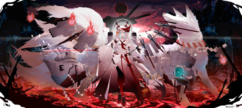 1girl absurdres ahoge alternate_costume animal animal_ears azur_lane bangs black_choker black_gloves black_legwear blue_eyes breasts choker closed_mouth cloud cloudy_sky collarbone commentary_request crossed_legs detached_sleeves evening fox fox_ears fox_girl fox_mask fox_tail gloves hair_between_eyes hakama highres holding holding_sword holding_weapon horns japanese_clothes jewelry katana kawakaze_(azur_lane) liwendala long_hair long_sleeves looking_at_viewer machinery mask moon multicolored_hair multiple_swords neckerchief night on_water pendant red_gloves red_hair red_horns red_moon red_neckerchief red_sky ribbon-trimmed_sleeves ribbon_trim rigging rock rope sailor_collar shimenawa shirt shoes sidelocks single_glove single_horn sky sleeveless sleeveless_shirt small_breasts standing sword tail thighhighs torpedo_tubes turret very_long_hair water weapon white_hair white_hakama white_sailor_collar white_shirt white_sleeves wide_sleeves