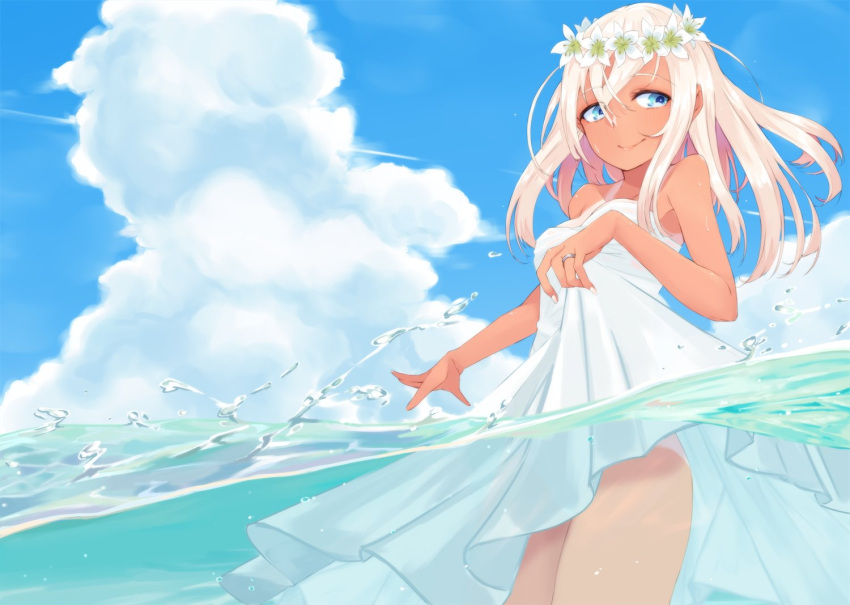 1girl alakoala blonde_hair blue_eyes blue_sky cloud commentary_request cowboy_shot dress head_wreath jewelry kantai_collection long_hair one-piece_tan partially_underwater_shot ring ro-500_(kancolle) skirt_hold sky solo sundress tan tanlines water wedding_band wedding_dress white_dress