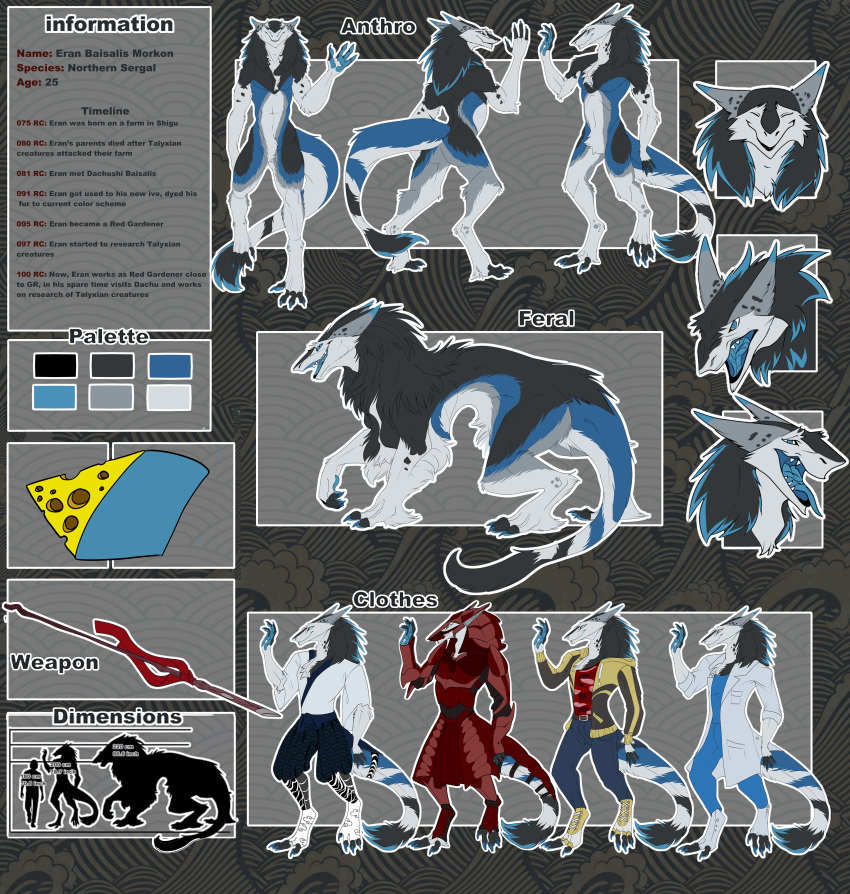 2022 absurd_res angry anthro armor black_clothing blue_body blue_claws blue_clothing blue_eyes blue_fur blue_mane blue_pawpads blue_tail blue_tongue casual_clothing claws clothing coat english_text eran_morkon eyes_closed feral flat_colors fur gas_mask grey_body grey_fur grey_mane grey_tail happy hi_res lab_coat looking_at_viewer male mane mask measurements melee_weapon multicolored_body multicolored_clothing multicolored_fur multicolored_mane multicolored_tail omez open_mouth pawpads polearm pupils red_armor red_clothing sergal simple_background slit_pupils solo spear syringe_spear tail_tuft text tongue topwear tuft two_tone_mane vilous weapon white_body white_clothing white_fur white_tail yellow_clothing