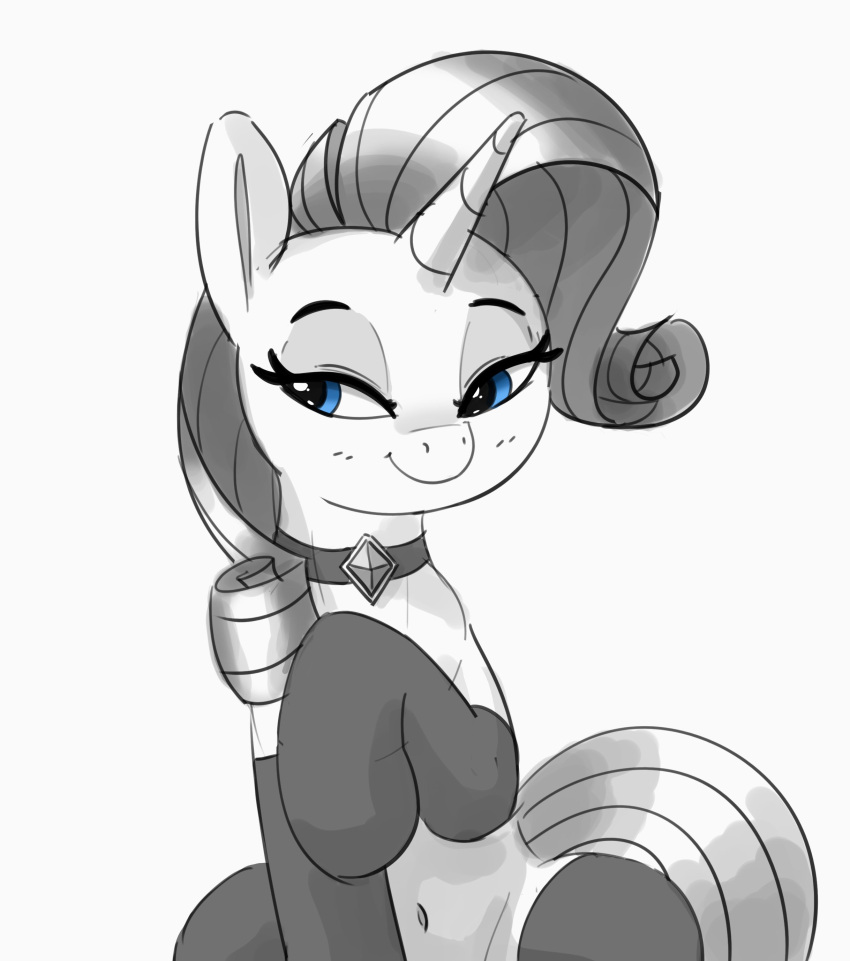 absurd_res armwear blue_eyes blush clothing elbow_gloves equid equine female feral friendship_is_magic gloves greyscale half-closed_eyes handwear hasbro hi_res horn leggings legwear mammal monochrome my_little_pony narrowed_eyes navel pabbley rarity_(mlp) smile solo unicorn