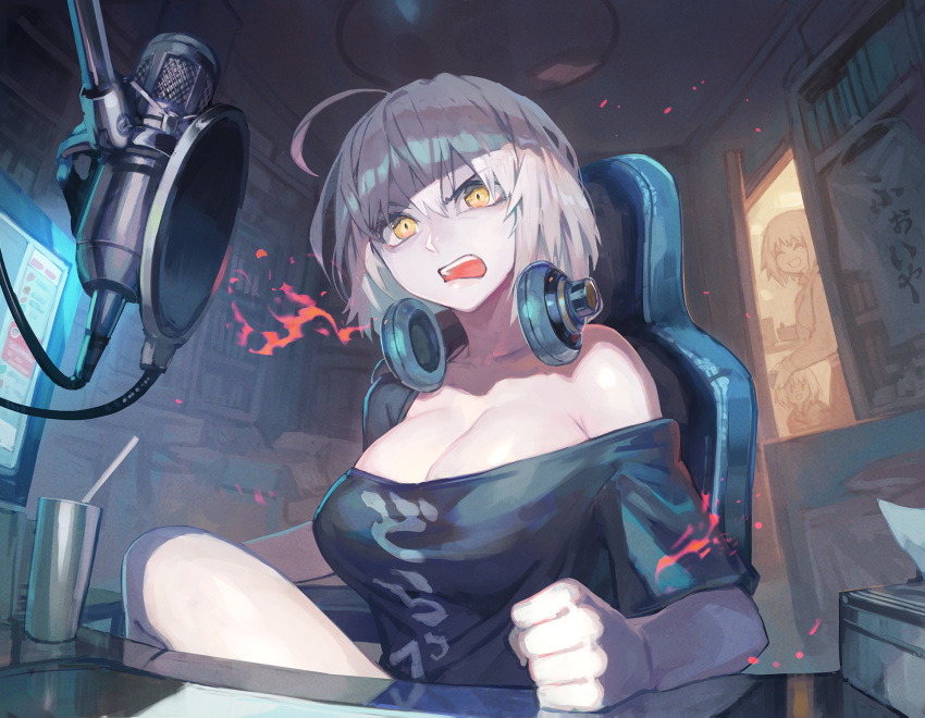 3girls :d ^_^ ^o^ ahoge bare_shoulders breasts chair cleavage closed_eyes cup drinking_straw fate/grand_order fate_(series) fire headphones headphones_around_neck highres jeanne_d'arc_(fate) jeanne_d'arc_alter_(fate) jeanne_d'arc_alter_santa_lily_(fate) lack large_breasts looking_at_viewer microphone monitor multiple_girls off-shoulder_shirt off_shoulder open_mouth pale_skin shirt short_hair sitting smile teeth tissue_box white_hair yellow_eyes