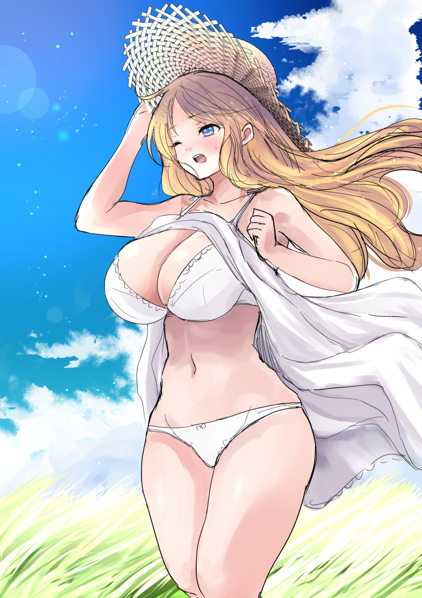 1girl absurdres blonde_hair blue_eyes blue_sky bra breasts cleavage clenched_hand clothes_lift cloud collarbone commentary_request day dress dress_lift field grass hair_blowing hand_in_own_hair hat highres lens_flare long_hair navel one_eye_closed open_mouth original outdoors panties sgwmanga sky standing straw_hat sun_hat sundress teeth underwear upper_teeth white_bra white_dress white_panties wind