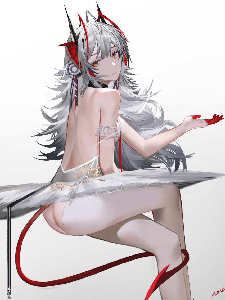 1girl ahoge alternate_costume alternate_hair_length alternate_hairstyle antennae arknights artist_name ass backless_dress backless_outfit crossed_legs demon_girl demon_horns demon_tail dress feet_out_of_frame finger_cots from_behind grey_hair hand_up highres horns long_hair looking_at_viewer looking_back mackia open_hand simple_background solo strapless strapless_dress tail thighs tutu w_(arknights) white_background white_dress yellow_eyes