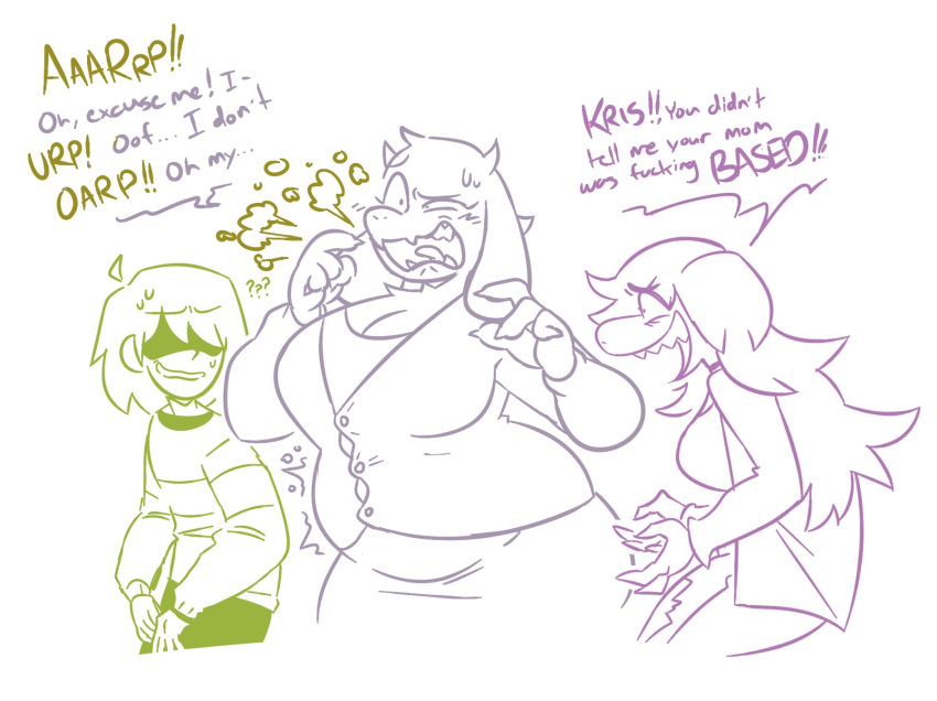 2022 ambiguous_gender anthro bloated boss_monster bovid breasts burp_cloud burping caprine cleavage clothed clothing deltarune dialogue dinosaur embarrassed english_text female goat group hi_res human kris_(deltarune) mammal mature_female reptile scalie slightly_chubby susie_(deltarune) tenuousoddity text toriel trio undertale undertale_(series) video_games