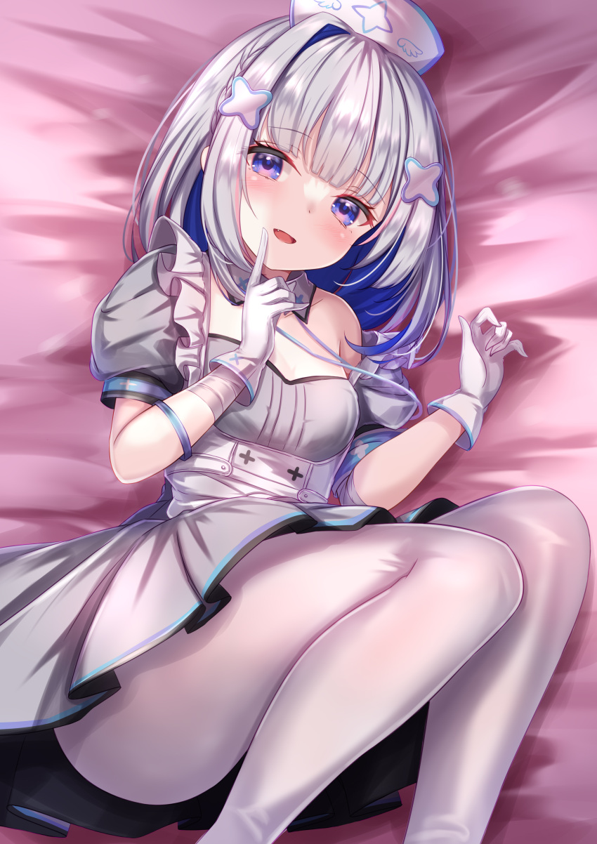 1girl absurdres amane_kanata bandaged_arm bandages bangs bed_sheet blue_eyes blue_hair blush breasts colored_inner_hair detached_collar dress fang feet_out_of_frame gloves grey_dress grey_hair hair_ornament hairclip hat highres hololive lanyard looking_at_viewer lying medium_hair multicolored_hair nurse nurse_cap on_bed on_side open_mouth pantyhose pink_hair pleated_dress puffy_short_sleeves puffy_sleeves short_sleeves single_bare_shoulder small_breasts smile solo streaked_hair virtual_youtuber white_gloves white_legwear x_hair_ornament yuano