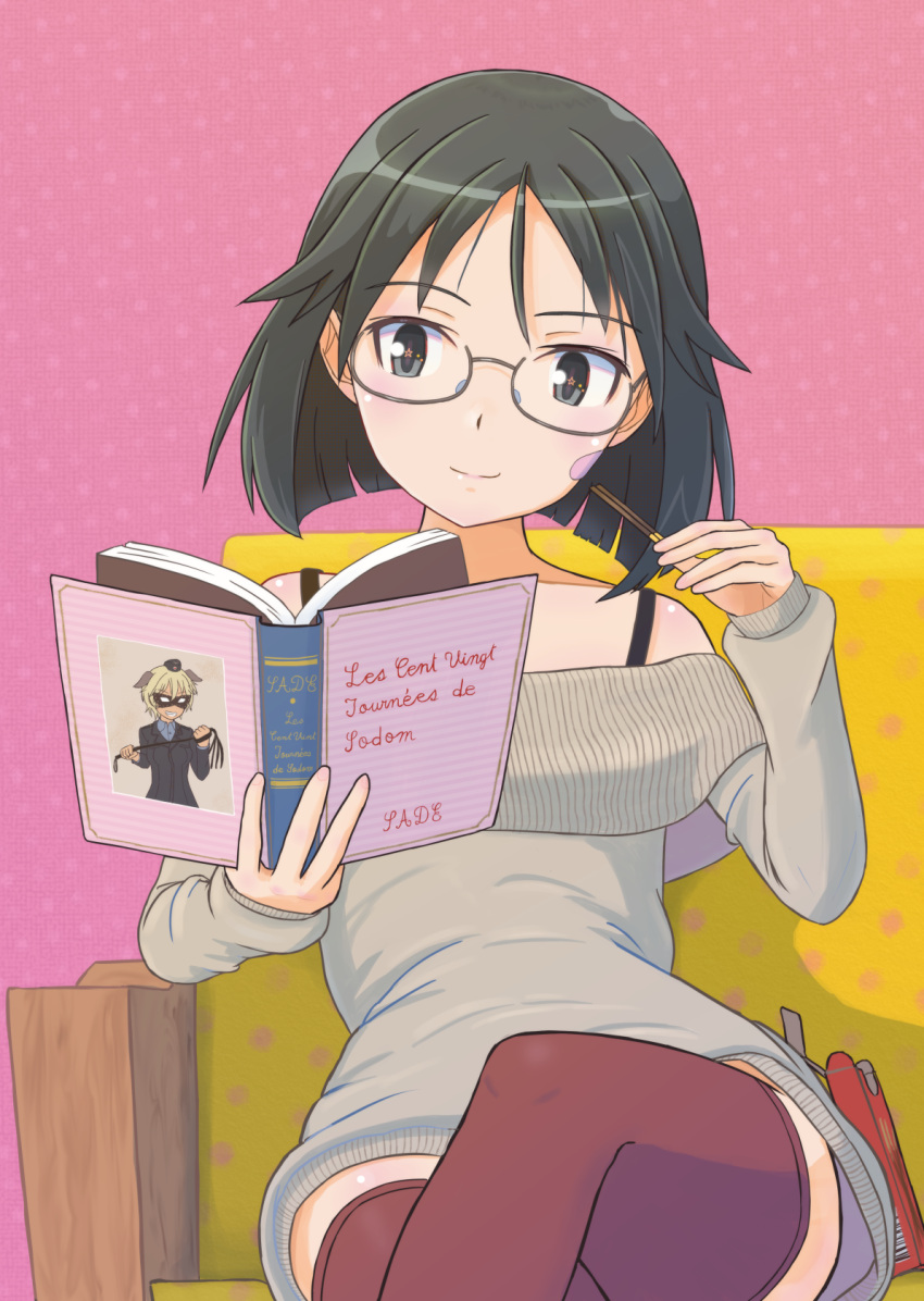 1girl bandaid bandaid_on_face bare_shoulders black_hair black_legwear blue_eyes blush book brave_witches breasts collarbone highres kanno_naoe keicha_(kmoekaki) reading shiny shiny_hair shiny_skin short_hair sitting small_breasts smile solo sweater thighhighs waltrud_krupinski world_witches_series