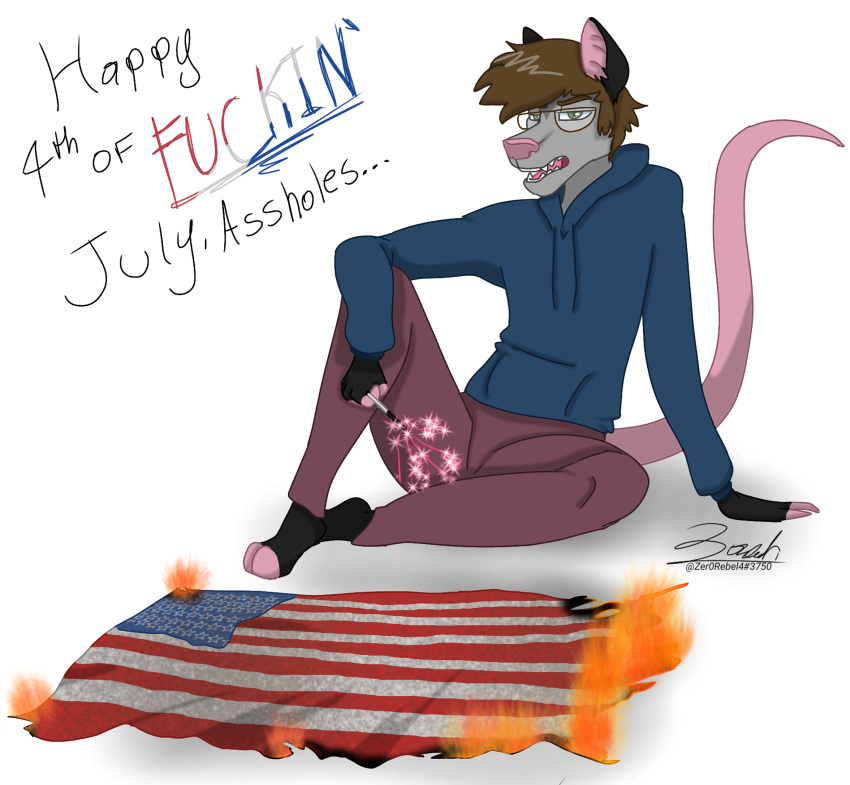 1:1 2022 4th_of_july absurd_res angry anthro black_body black_fur black_markings brown_hair burning burning_flag clothing dialogue didelphid digital_drawing_(artwork) digital_media_(artwork) english_text eyewear fire flag flag_(object) flag_burning fur glasses green_eyes grey_body grey_fur grey_markings hair hi_res holding_object hoodie insult insulting_viewer looking_at_viewer male mammal markings marsupial politics profanity sitting solo sparkler sparklers stars_and_stripes talking_to_viewer text topwear trans_(lore) trans_man_(lore) united_states_of_america zer0rebel4