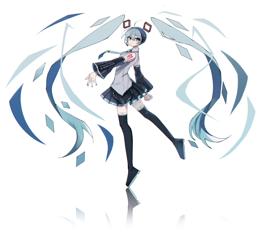 1girl absurdres bangs black_footwear black_skirt black_sleeves blue_eyes blue_hair blue_necktie boots closed_mouth collared_shirt commentary_request danjou_sora detached_hair detached_sleeves from_side grey_shirt hair_between_eyes hatsune_miku highres long_hair long_sleeves looking_at_viewer looking_to_the_side necktie pleated_skirt reflection shirt skirt sleeveless sleeveless_shirt solo standing standing_on_one_leg thigh_boots tie_clip tiptoes twintails very_long_hair vocaloid white_background wide_sleeves