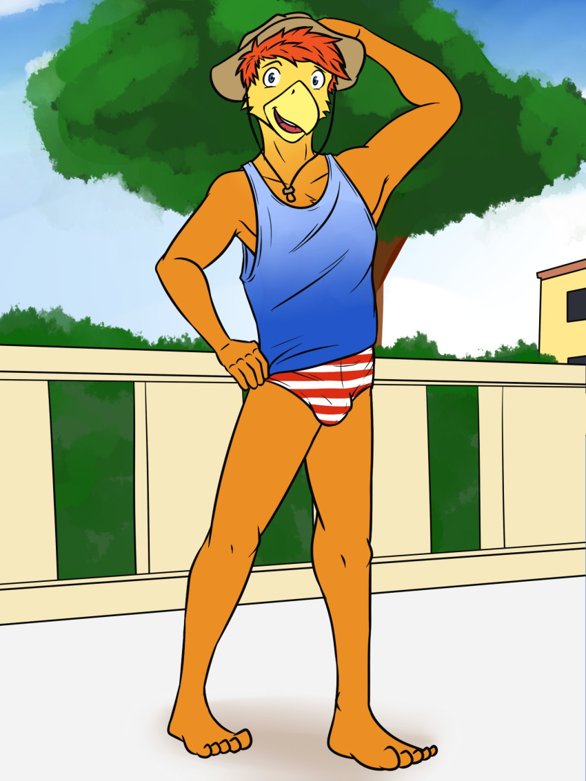 anthro avian barefoot bird bulge chicken clothed clothing feet fuze galliform gallus_(genus) hi_res johnny_(fuze) male phasianid shirt solo speedo striped_speedo sun_hat swimwear tank_top topwear