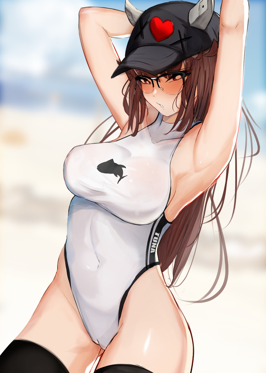 1girl arm_behind_head arm_up armpits beach black_legwear blurry blurry_background brown_hair cameltoe collarbone covered_collarbone covered_navel covered_nipples grey_horns grey_pupils grey_swimsuit hat heart highres horns horns_through_headwear liz_(nin_fake) long_hair looking_at_viewer nin_fake ocean one-piece_swimsuit orange-tinted_eyewear original parted_lips red_eyes sand solo stretch sunglasses swimsuit thighhighs tinted_eyewear turtleneck x