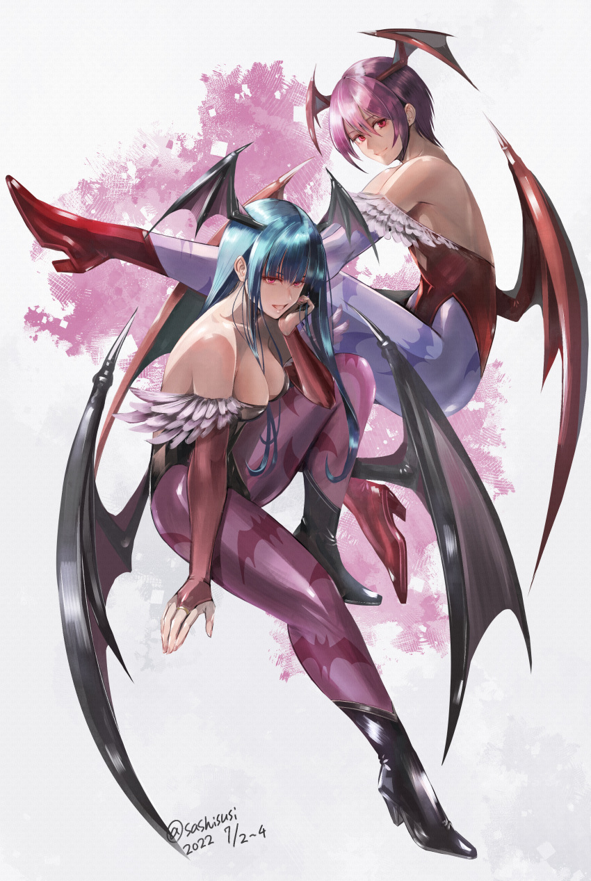 2girls absurdres animal_print bat_print bat_wings boots bridal_gauntlets cosplay demon_girl feather_trim head_wings high_heel_boots high_heels highres leotard lilith_aensland low_wings morrigan_aensland morrigan_aensland_(cosplay) multiple_girls pantyhose print_legwear purple_hair purple_legwear purple_wings red_eyes red_leotard sushi_(sashimise) vampire_(game) wings