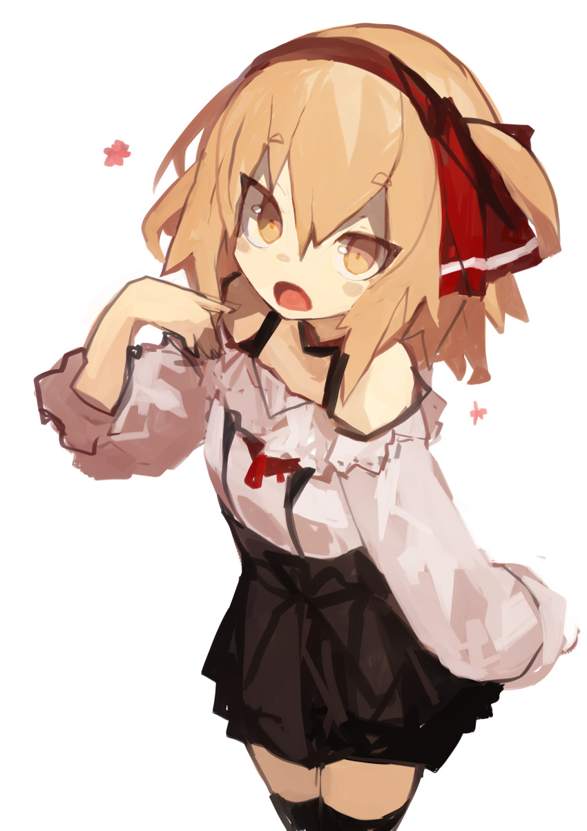 1girl absurdres alternate_costume bangs black_dress black_legwear blonde_hair dress hairband highres kaamin_(mariarose753) long_sleeves looking_at_viewer off_shoulder open_mouth red_hairband rumia shirt short_eyebrows short_hair simple_background solo standing suspenders thighhighs touhou white_background white_shirt yellow_eyes