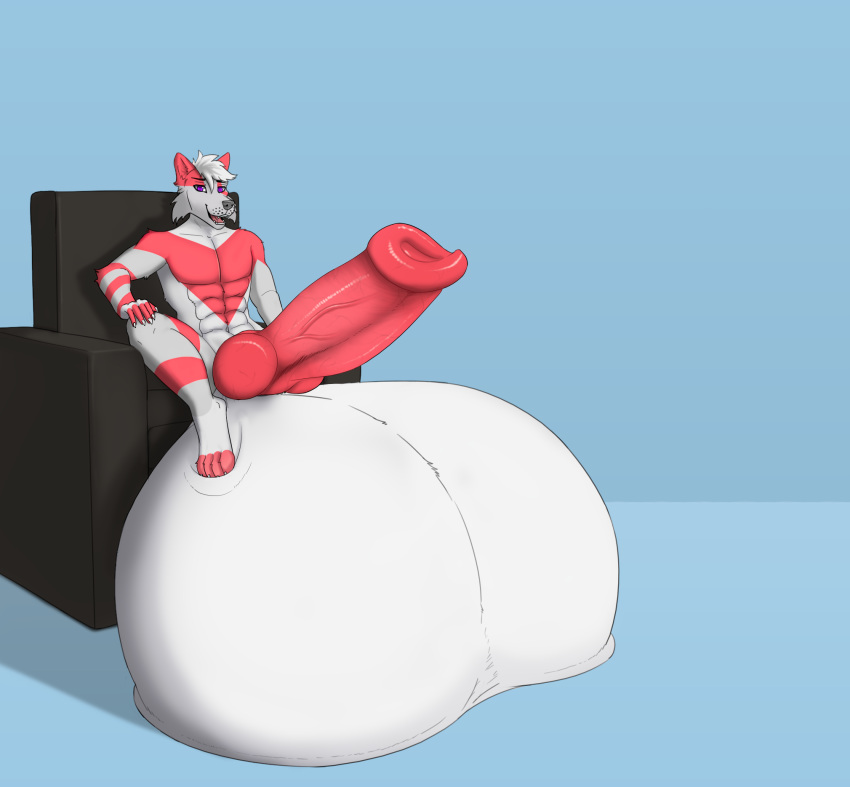 anthro balls big_balls big_penis canid canine culpeo_fox genitals growth hi_res huge_balls huge_penis hyper hyper_balls hyper_genitalia hyper_penis lycalopex male mammal penis renais_(kaixo) shira_stargazer sitting solo