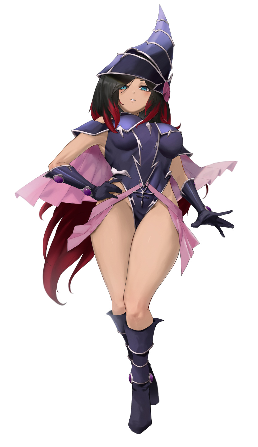 1girl absurdres bangs black_hair blue_eyes boots breasts capelet cosplay crow_(gravity_daze) dark-skinned_female dark_skin dress full_body gloves gravity_daze hand_on_hip hat highres kataku_musou knee_boots long_hair looking_at_viewer magi_magi_magician_gal magi_magi_magician_gal_(cosplay) medium_breasts multicolored_hair parted_lips pink_capelet purple_footwear purple_gloves red_hair shiny shiny_hair short_dress simple_background thighs white_background yu-gi-oh! yu-gi-oh!_zexal