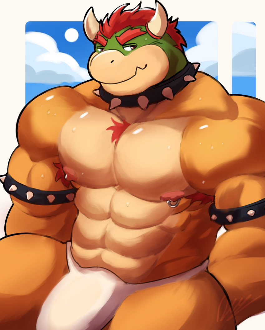 2022 abs anthro armband armpit_hair barazoku big_bulge big_muscles bodily_fluids body_hair border bowser bulge chest_hair clothing cloud collar day deedea eyebrows hair hi_res horn huge_bulge huge_muscles koopa male mario_bros muscular muscular_anthro muscular_male narrowed_eyes navel nintendo nipple_piercing nipple_ring nipples non-mammal_nipples obliques outside pecs piercing ring_piercing scalie sitting sky solo spiked_armband spiked_collar spikes sweat sweatdrop thong underwear video_games white_border