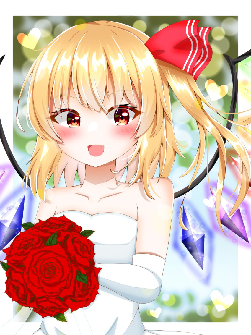 1girl :d bare_shoulders blurry blurry_background bouquet crystal dress elbow_gloves fang flandre_scarlet flower gloves hair_ribbon heart highres holding holding_bouquet kaede_(kaede_fs495) open_mouth outside_border red_eyes red_flower red_ribbon red_rose ribbon rose smile solo touhou upper_body wedding_dress white_dress white_gloves wings