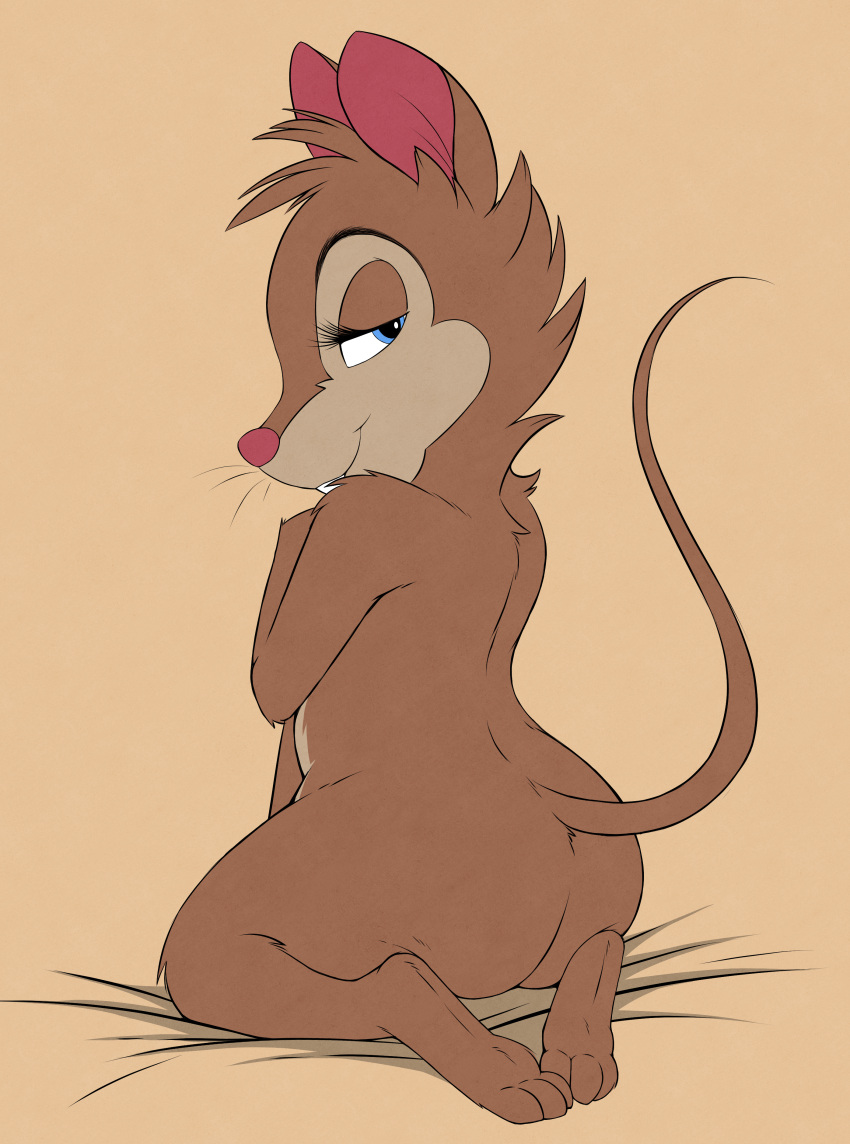 2022 absurd_res anthro blue_eyes brown_body brown_fur buckteeth butt denzeltip don_bluth female fur hi_res looking_back mammal mouse mrs._brisby murid murine nude rodent simple_background solo teeth the_secret_of_nimh