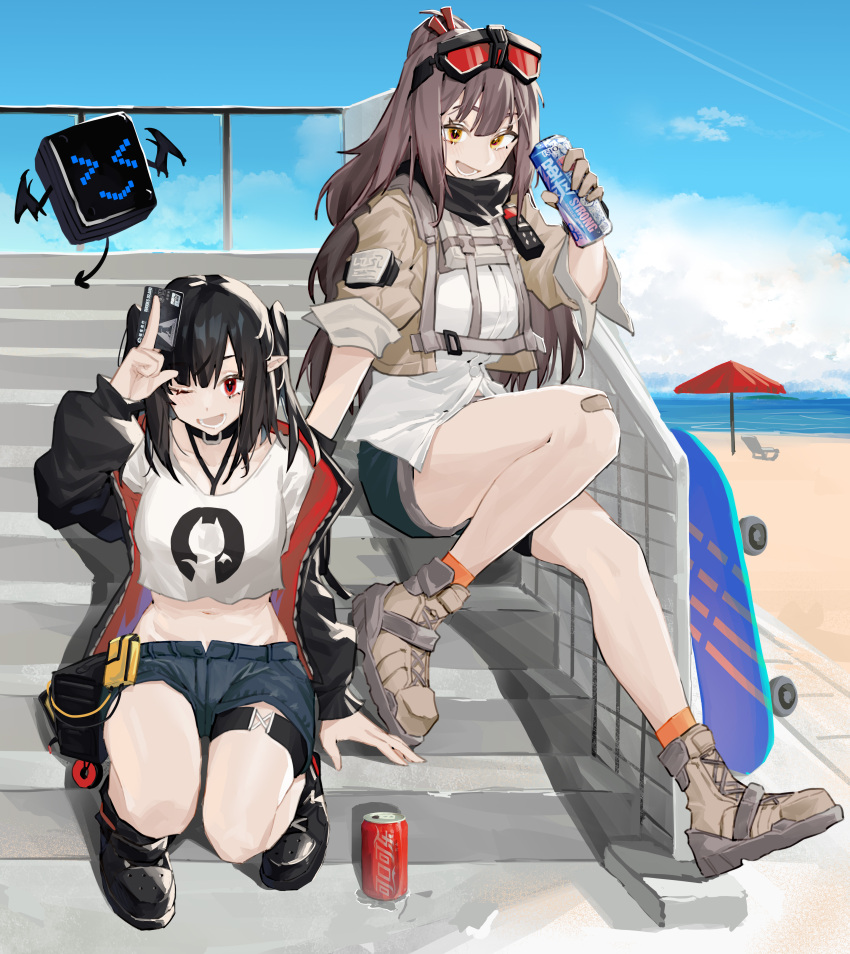 2girls absurdres arknights bangs black_choker black_footwear black_hair black_jacket boots choker closure_(arknights) commission full_body girls'_frontline girls'_frontline_2:_exilium goggles goggles_on_head hair_between_eyes happy highres jacket long_hair long_sleeves looking_at_viewer mayling_shen_(girls'_frontline_2) multiple_girls open_clothes open_jacket pointy_ears puffy_long_sleeves puffy_sleeves red_eyes renxzd shirt short_shorts shorts sitting white_shirt