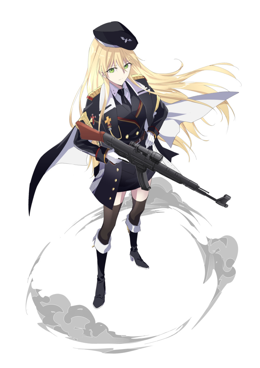 1girl absurdres assault_rifle bangs belt beret black_cape black_footwear black_headwear black_jacket black_legwear black_necktie black_skirt blonde_hair boots breasts brown_belt cape closed_mouth full_body girls'_frontline gloves green_eyes gun hand_on_hip hat high_heel_boots high_heels highres holding holding_gun holding_weapon jacket long_hair looking_at_viewer military military_hat military_uniform necktie rifle shirt skirt solo standing stg44 stg44_(girls'_frontline) suprii thighhighs uniform weapon white_background white_gloves white_shirt