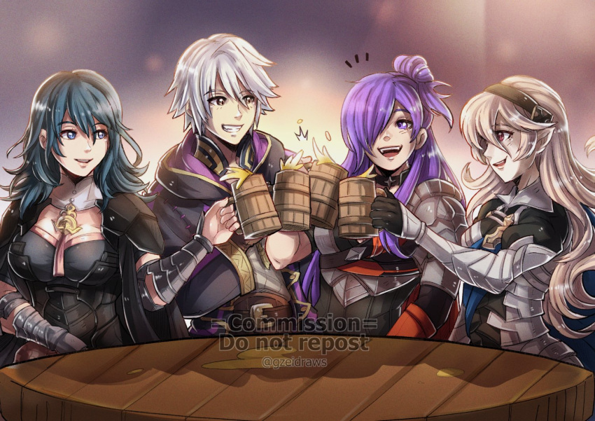 1boy 3girls alcohol armor asymmetrical_clothes bangs beer black_coat blue_eyes blue_hair breasts bustier byleth_(fire_emblem) byleth_(fire_emblem)_(female) cape coat commission corrin_(fire_emblem) corrin_(fire_emblem)_(female) fire_emblem fire_emblem:_three_houses fire_emblem_awakening fire_emblem_fates fire_emblem_warriors:_three_hopes gloves gzei hair_between_eyes hair_bun hair_over_one_eye hairband large_breasts long_hair medium_hair multiple_girls open_mouth pointy_ears purple_eyes purple_hair red_eyes robe robin_(fire_emblem) robin_(fire_emblem)_(male) shez_(fire_emblem) shez_(fire_emblem)_(female) short_hair single_hair_bun smile white_hair
