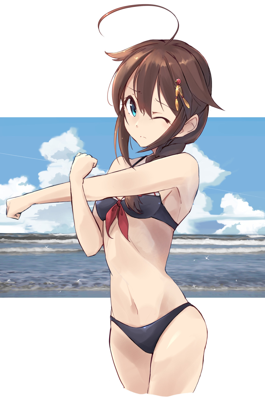 1girl adapted_costume ahoge bikini black_bikini black_hair blue_eyes braid breasts cowboy_shot front-tie_top hair_flaps hair_ornament hair_over_shoulder highres kantai_collection long_hair looking_at_viewer medium_breasts minosu one_eye_closed shigure_(kancolle) shigure_kai_ni_(kancolle) single_braid solo stretch swimsuit