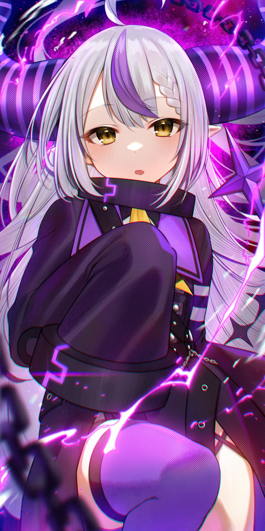1girl ahoge akky_(akimi1127) black_dress braid braided_bangs chain commentary_request demon_horns dress fang feet_out_of_frame grey_hair highres hololive horns la+_darknesss long_sleeves looking_at_viewer multicolored_hair parted_lips pointy_ears purple_hair purple_legwear single_thighhigh sleeves_past_fingers sleeves_past_wrists solo streaked_hair thighhighs virtual_youtuber yellow_eyes