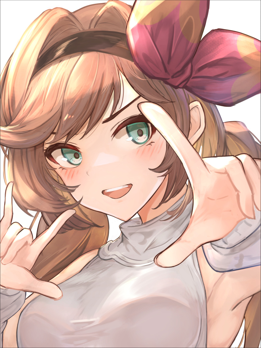 1girl absurdres armpits asaikeu bangs clarisse_(granblue_fantasy) gesture gesture_request granblue_fantasy green_eyes hair_ornament highres looking_at_viewer smile sweater teeth